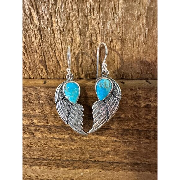 Navajo Eagle Wing Turquoise Earrings in Sterling Silver - Handcrafted Native Am - Picture 4 of 11